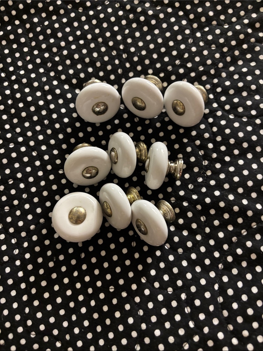 White Ceramic Drawer Knobs with Brass Centers - Set of 9